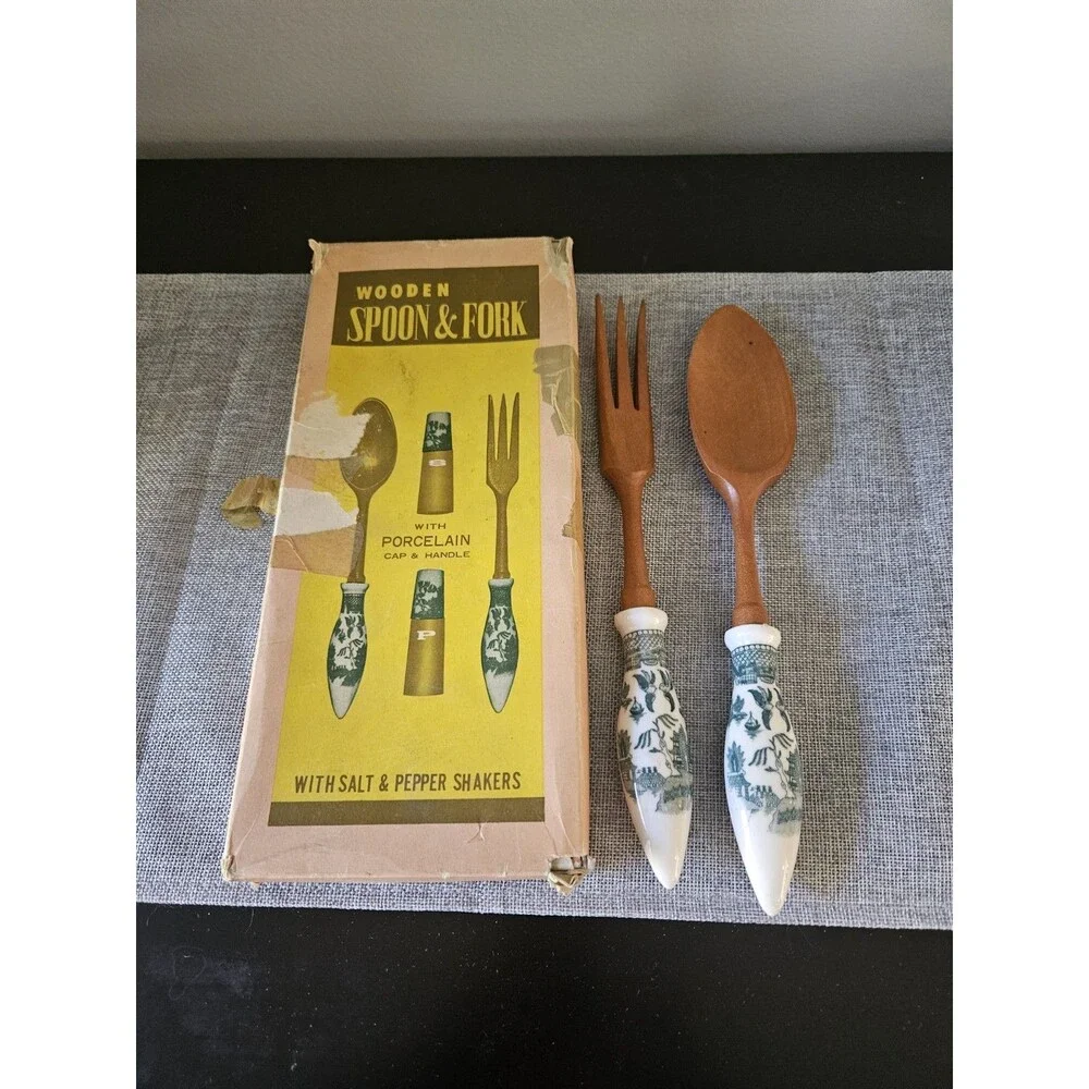 Wooden Spoon & Fork With Porcelain Handle In Original Box